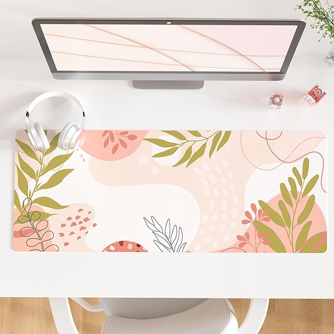QIYI Large Mouse Pad, Cute Desk Mat for Desktop, Women Girls Minimalist Pink Office Desk Accessories, PU Leather Waterproof Gaming Mousepad, Tropical Leaves Desk Pad Computer Mat, 31.5" x 11.8"