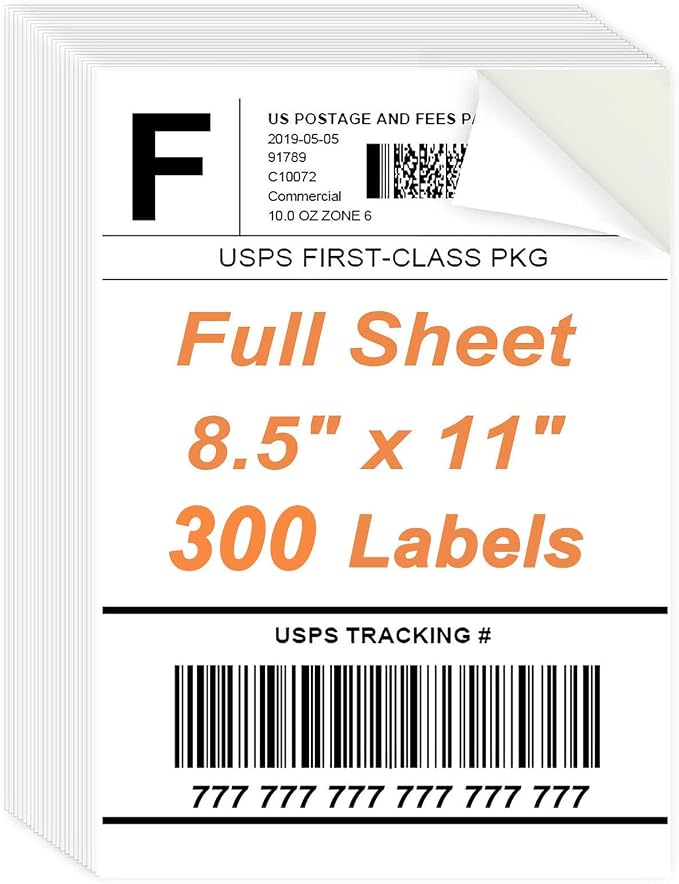 8.5" x 11" Sticker Paper for Inkjet Printers - 300 Sheets Full Sheet Shipping Labels Printable Full Page Labels 8.5×11 White Sticker Paper for Laser Printing - Matte