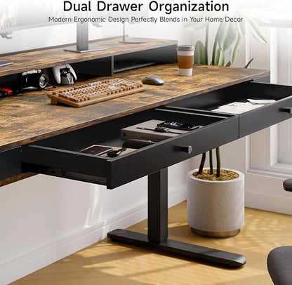 ONBRILL Standing Desk with Drawers, 63x23.6 Electric Stand Up Desk with Storage Shelf and Memory Controller, Sit Stand Desk Adjustable Height from 28-46" for Computer Workstation, Rustic Brown
