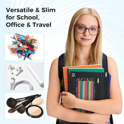 Pencil Pouch for 3 Ring Binder, Pencil Case Bag with Zipper, 600D Fabric Pencil Pouch Holder Accessories, Clear Window Pencil Case Aesthetic Back to School Organizer Pockets for Boy Girl (Black)