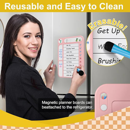 2-Pack Magnetic Chore Chart for Kids, ADHD Task Tracker Easy-Check Routine Dry Erase Board, to-Do List Planning Tool with Stand for Fridge/Desk/Home/School, 6 Reusable Sheets, 4 Markers Pink