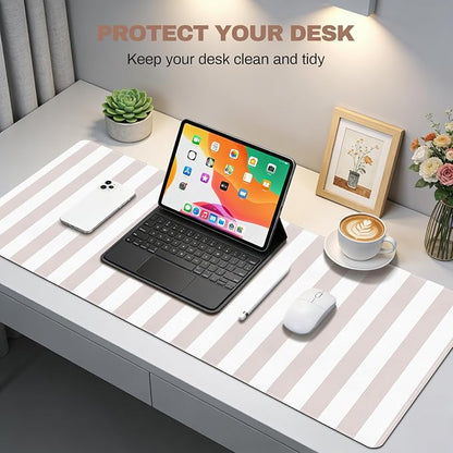Beige Desk Mat Cute Kawaii PU Leather XXL Large Mouse Pad Striped Pastel Desk Pad Mat Laptop Computer Keyboard and Mouse Mat Home Office Decor for Women Girls