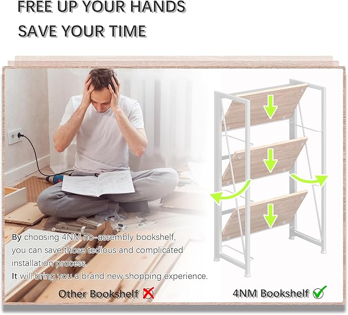 4NM No Assembly Folding Bookshelf Storage Shelves 3 Tiers Vintage Bookcase Standing Racks Study Organizer Home Office (Natural White)