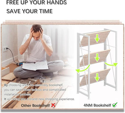 4NM No Assembly Folding Bookshelf Storage Shelves 3 Tiers Vintage Bookcase Standing Racks Study Organizer Home Office (Natural White)