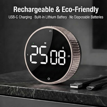 Rechargeable Magnetic Kitchen Timer,LED Countdown/Up Timer, Supports USB-C Charging,with Loud Alarm,3 Preset Quick Times(5/15/25m),Perfect for Kitchen Cooking, Studying, and Fitness (Brown)