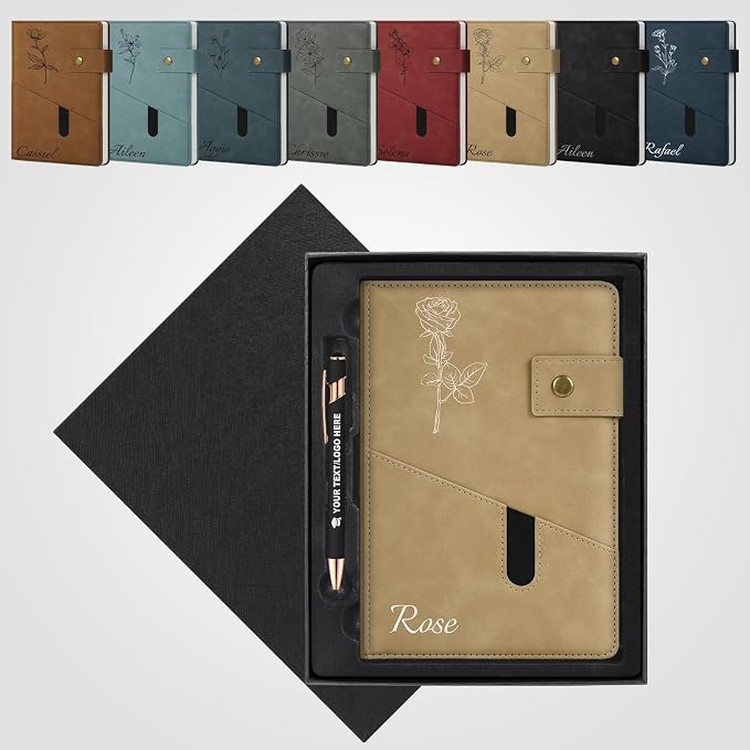 ENOMY Personalized Notebook & Pen Set PU Leather Custom A5 Notebook with Lock 200 Lined Paper Pages Luxury Gift Box for Men Women Travel College Business Gift, Khaki