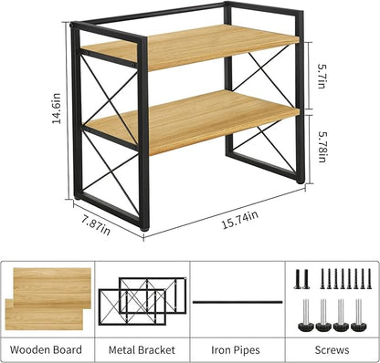 YINMIT Desktop Shelf Organizer, 2 Tier Office Shelves, Wood Desk Organizer Storage Rack and Freestanding Display Shelf for Office, Dormitory, Home (Black Wood)
