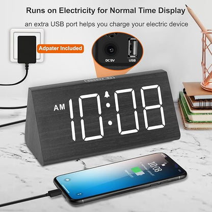 DreamSky Wooden Digital Alarm Clocks for Bedrooms - Electric Desk Clock with Large Numbers, USB Port, Loud Alarm for Heavy Sleepers, Adjustable Volume, Dimmer, DST, Wood Décor Gifts, Adapter Powered