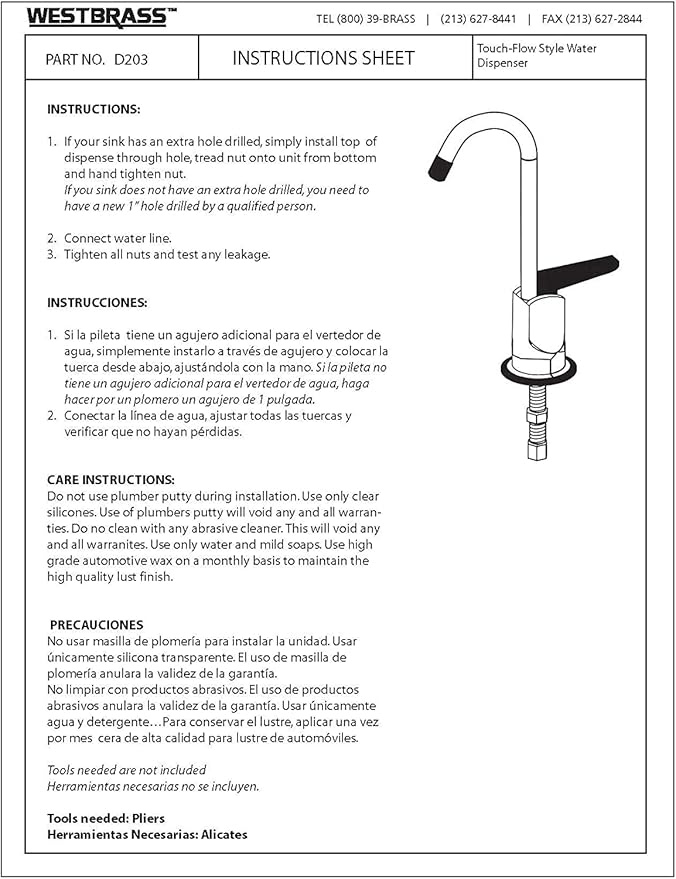 Westbrass D203-NL-26 6" Touch-Flo Style Pure Cold Water Dispenser Faucet, 1-Pack, Polished Chrome