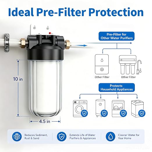 Whole House Water Filter Housing with 1 Pack PP Filter, 10"x4.5" Transparent Housing, Sediment Filter Reduces Sediment, Rust, Dirt, Pre-Filtration System for City and Well Water, Included 2 Vavles