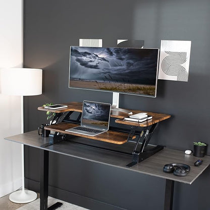 VIVO 42 inch Height Adjustable Stand Up Desk Converter, V Series, Quick Sit to Stand Tabletop Dual Monitor Riser Workstation, Rustic Vintage Brown Top, Black Frame, DESK-V000VLN