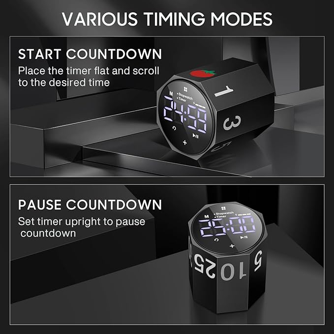 Digital Pomodoro Timer,Frosted Metal Productivity Cube Timer,1.8 In LED Digital Large Screen and Auto-rotating Display,1/3/5/10/25/30/60min & Custom Time, Silent & Alarm,for Office, Study, Work(Black)