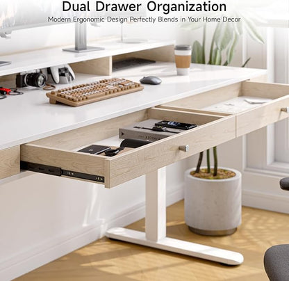 Standing Desk With Drawers, 47x23.6 Inch Electric Stand Up With Storage Shelf and Memory Controller, Adjustable Height 28-46 Inch for Computer Workstation, White