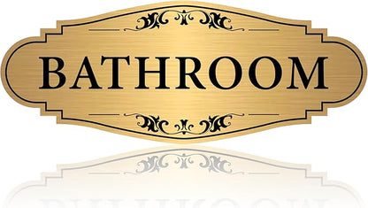 Bathroom Sign Sticker for Business and Home，Self-adhesive Brushed Gold Bathroom Decor for Door，Waterproof Vinyl Restroom Sign for House, Office, Shop
