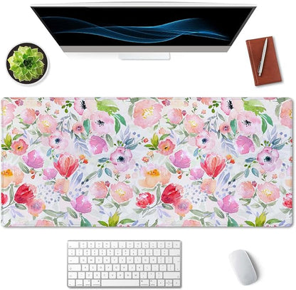 SSOIU Extended Gaming Mouse Pad (35.5x15.7 in), Large Stable Rubber Base Mousepad with Stitched Edges, Keyboard Mouse Mat Desk Pad for Work, Game, Office, Home - Watercolor Floral Botanical Pattern