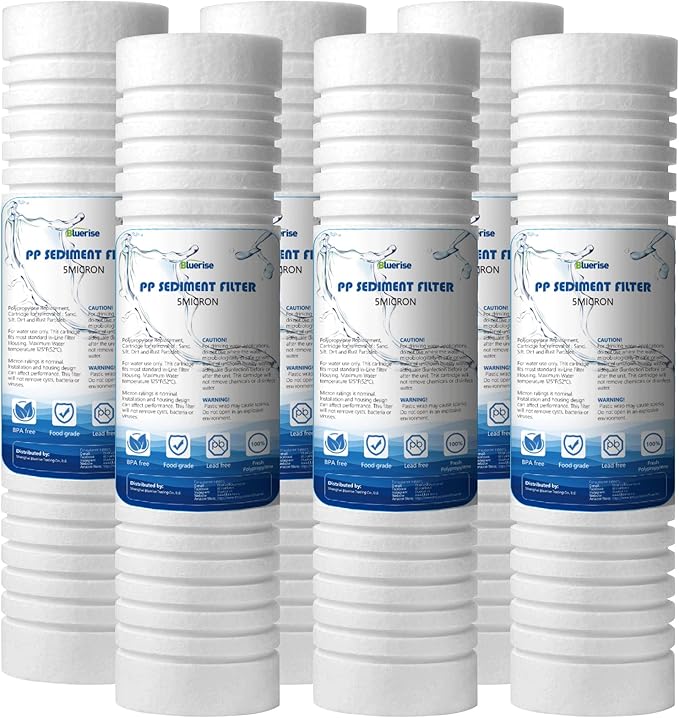 BLUERISE 5 Micron 10" x 2.5" Water Filter Replacement Whole House Sediment Home Water Filter Replacement Cartridge Ro Sediment Filter Easy Installation Fits Any 10" Reverse Osmosis Unit - 6 Pack