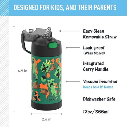 THERMOS FUNTAINER Water Bottle with Straw - 12 Ounce - Kids Stainless Steel Vacuum Insulated Water Bottle with Lid, Minecraft