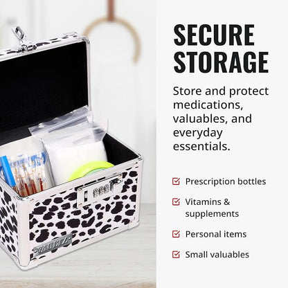 Vaultz Locking Medicine Box with Combination Lock - Secure Metal Lock Box Safe for Medication, Pills & Valuables, Small Lockbox with Code, Portable Storage Case, Leopard | Metal lock box, storage case for medication and small valuables, 3-digit combina...