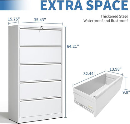 FLIXELIO 5 Drawer Metal Office Storage Filing Cabinet with Lock, White Lateral File Cabinet for Home Office, Horizontal Locking for Legal/Letter/A4, Assembly Required