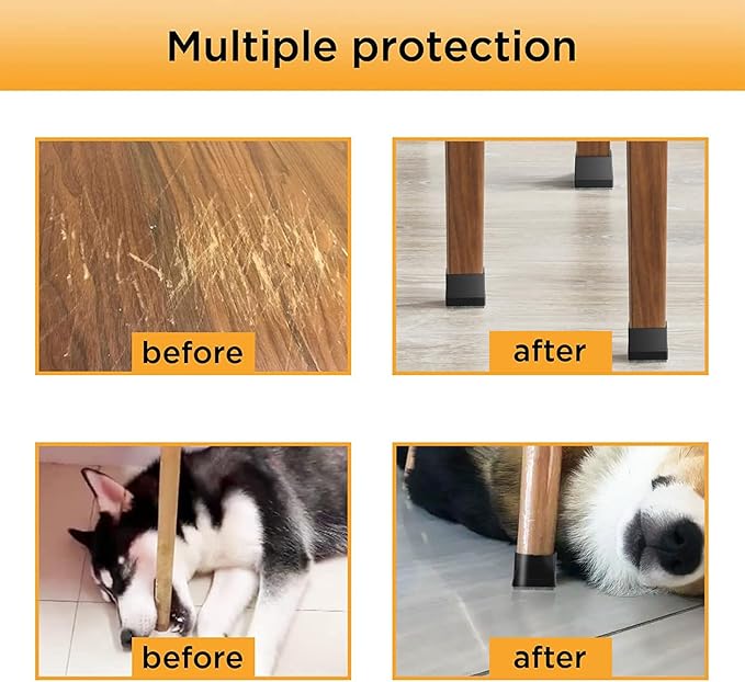 Square Chair Leg Protectors for Hardwood Floors,16 Pcs Silicone Felt Furniture Legs Caps to Prevent Floor from Scratches and Reduce Noise, Easy to Move, (Black, Fit: 0.866-1.14").