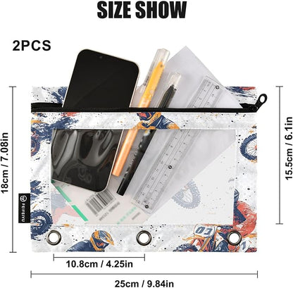Wamika Motorcycle White Binder Pouches 3 Ring for Boys Girls School Office College Supplies Motocross Sports Grunge Pattern Pencil Pouches Case Bag with Clear Window and Zipper 2 pack