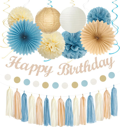 Light-Dusty Blue 18th Happy-Birthday Party-Decorations - 31pcs Women Girls Paper Lanterns Streamers Banner,Tissue Pom Poms Fans Tassels Graland Decor,Beige Champagne Wall Backdrop Supplies Hugmoon