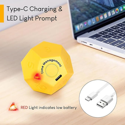Mini 12 Sided Cube Timer, 11 Preset Times Pomodoro Timer for Enhanced Productivity. Ideal for ADHD Management, Workout, Study & Kitchen Cooking. Easy to Use (Yellow)