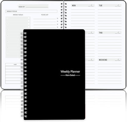 Undated Weekly Planner, Weekly Goals Notebook, A5 To Do List Planner, Habit Tracker Journal with Spiral Binding, 5.7 x 8.0 in, Black