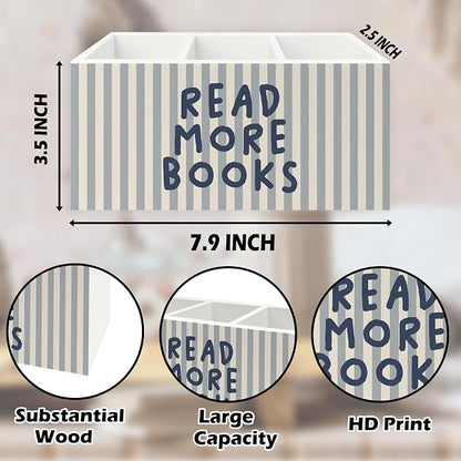 Reading Room Decor Pen Pencil Holder Organizer for Desk,Read More Books Blue Striped Wooden Box Signs Decorations for Reading Room Classroom Library Desk Tabletop, Book Lover Reader Gifts