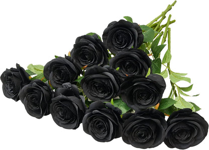 12PC Black Roses Artificial Flowers Fake Roses Silk Realistic Roses Bouquet Flowers with Long Stems for Wedding Home Party Centerpieces Decorations