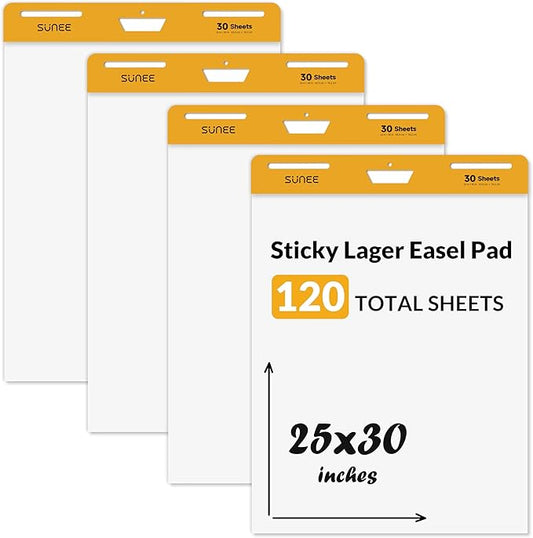 SUNEE Sticky Easel Pads, 25x30 Inches, 30 Sheets/Pad, 4 Pack – Self Stick Flip Chart Paper for Whiteboards, Premium Large White Chart Paper