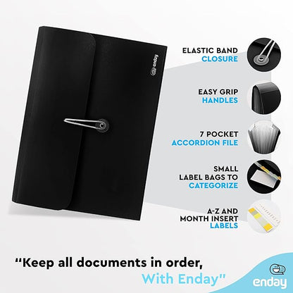 Accordion File Organizer Black, 7 Pocket Expanding File and Cover Folder with Labels, Plastic Portable Desktop Letter A4 Paper – by Enday