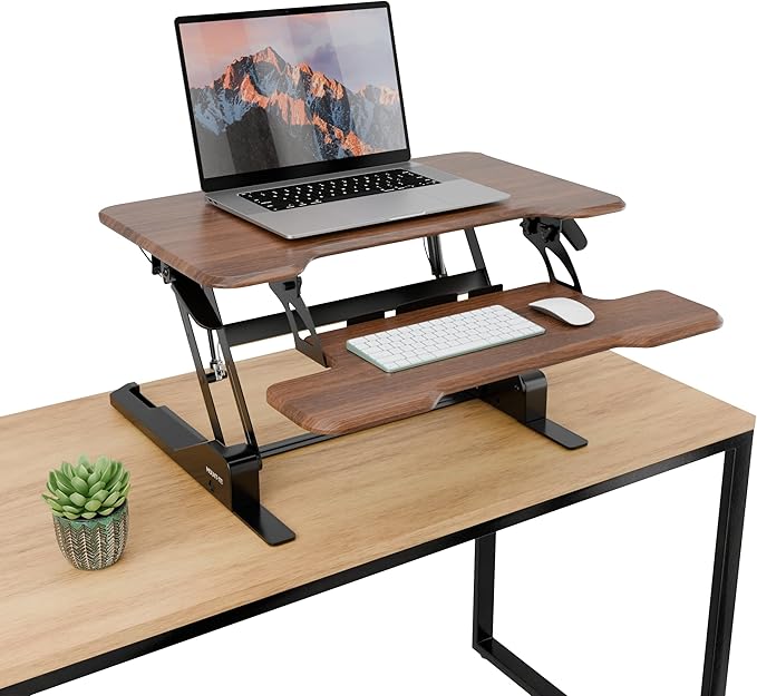Mount-It! Height Adjustable Standing Desk Converter, Compact 30” Wide Tabletop Standing Desk Riser with Gas Spring, Desktop Stand Up Workstation with Keyboard Tray Fits Monitor or Laptop, Dark Walnut