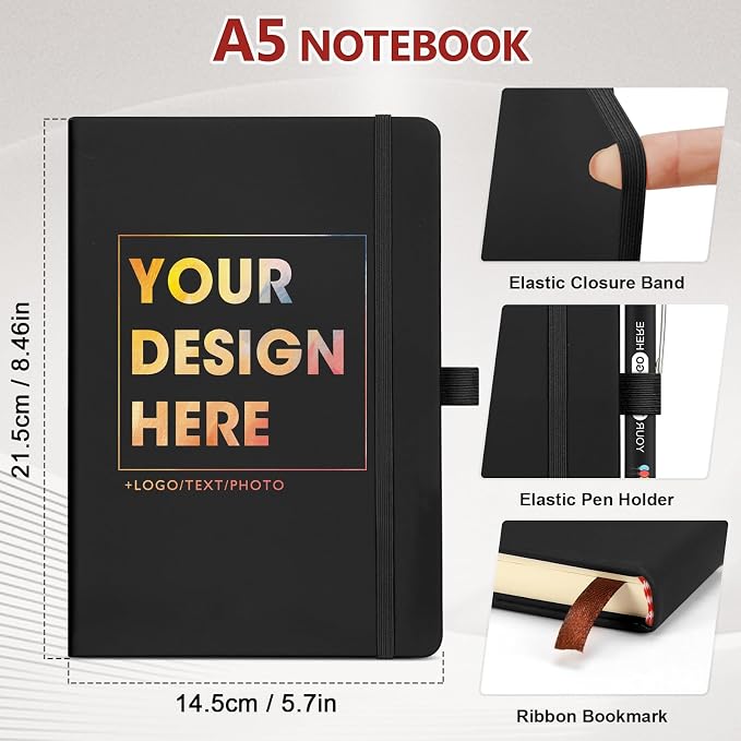 ENOMY Personalized A5 Notebook Gift Set with Custom Pen PU Leather Journal Box, Silver