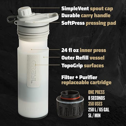 GRAYL GeoPress 24 oz Water Purifier Bottle - Filter for Hiking, Camping, Survival, Travel (Peak White)