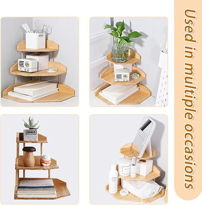 HYNAWIN Bamboo Corner Desk Organizer Shelf, 3-Tier Triangle Storage Rack for Office & Home, Space-Saving Desktop Shelf for Books, Stationery, Makeup, Small Items