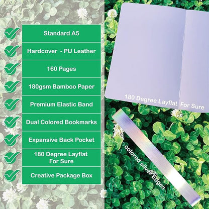 BUKE Dotted Notebook Journal 180GSM Bamboo Thick White Paper 160 Pages 5 * 5MM Dot Grid, Lay Flat Binding,Colored Silver Edges, Bookmarks and Expandable Back Pocket (BKP-9)
