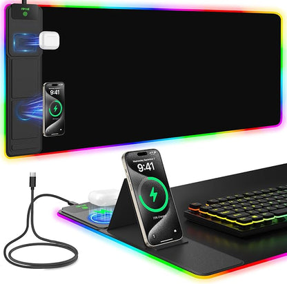 Mouse Pad with Foldable Phone Holder & Wireless Charger, XXL RGB Gaming Mousepad 31.5"x15.8" Large Desk Mat for Keyboard, Black Desk Pad with Dual Qi Charging Station | 11 Colors 5 Modes | Waterproof