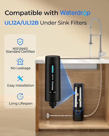 Waterdrop FUL12 Water Filter Replacement for Waterdrop UL12A/UL12B | Reduces PFAS, PFOA/PFOS, Lead, Chlorine, Bad Taste & Odor, Under Sink Water Filter, 1 Year (NOT Replacement for 10UA/10UB)
