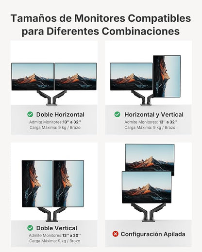 HUANUO Dual Monitor Stand, Fully Adjustable Gaming Monitor Desk Mount for 13–32″ Computer Screens, Full Motion VESA 75x75/100x100 with C-Clamp & Grommet Base, Each Arm Holds 4.4 to 19.8 lbs