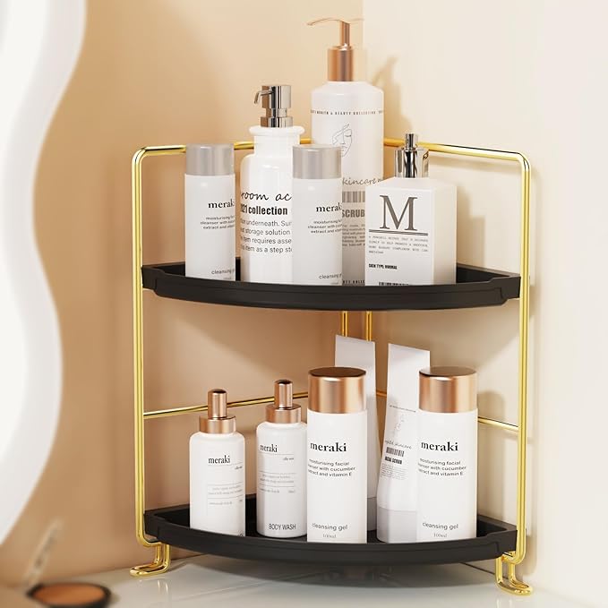 JANUS LiANG 2-Tier Spice Rack Corner Storage Shelf Makeup Organizer Stackable Cosmetic Holder Standing Counter Shelf for Bathroom, Kitchen, Countertop, and Vanity (Gold + Black)