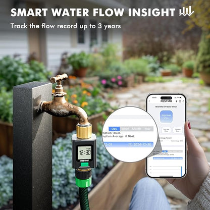 RESTMO Smart Water Flow Meter with Screen Backlight, 2.4GHz WiFi Connection | Brass Inlet & Outlet, Measuring Gallon/Liter Consumption & Flow Rate for Garden Watering, RV Filling, Sprinklers & Nozzle
