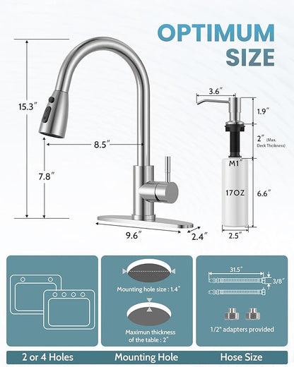 WOWOW Kitchen Faucet with Soap Dispenser: 304 Stainless Steel Kitchen Sink Faucet with Pull Down Sprayer 3 Modes, Single Handle High Arc Mixer Taps for Sink, RV, Laundry, Bar (Brushed Nickel)