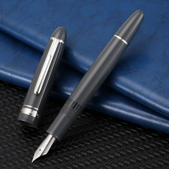 erofa Majohn P136 Piston Fountain Pen Medium Nib with Box, Gray Resin Writing Pen Set