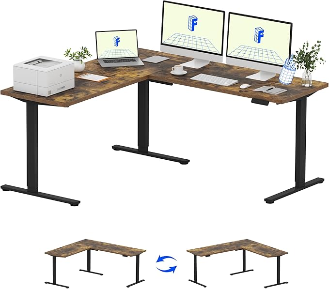 FLEXISPOT L Shaped Standing Desk, 71 x 63 Inch Electric Height Adjustable Corner Desk, Sit Stand Computer Workstation, Preset Controller, Home Office, Black Frame with Rustic Brown Top