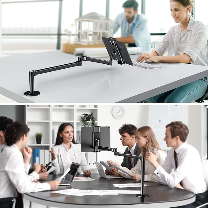 elitehood Long Arm iPad Desk Mount with Grommet Mounting Base, Heavy Duty Aluminum Tablet Holder for Desk, Swivel Arm Mount for iPad Pro 13/12.9 Air Mini, iPhone and 4.7-13in Tablets