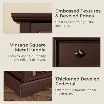 VVFLU Farmhouse 6 Drawer Dresser, 48" Tall Dresser Chest of Drawers with Natural Texture & Metal Handles, Storage Dressers Organizer for Bedroom, Living Room, Hallway, Vintage Design (Cherry)
