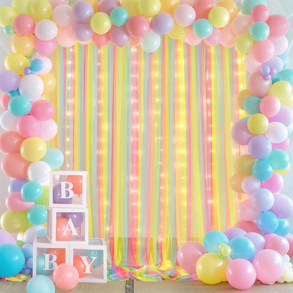 Rainbow Tulle Backdrop Curtain with Lights String 10x8ft Rainbow Sheer Backdrop Curtains for Girls Birthday Party Baby Shower Photo Shoot Background Decorations