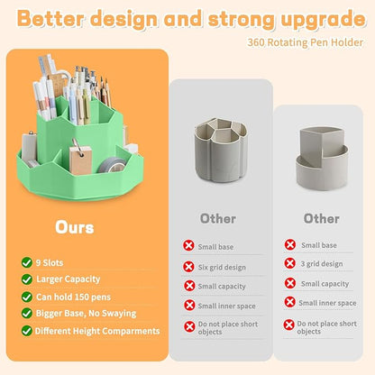 Pencil Pen Holder for Desk,9 Slots 360 Degree Rotating Desk Organizers,Desktop Storage Stationery Supplies Organizer, Cute Pencil Cup Pot For Office, School, Home(Green)