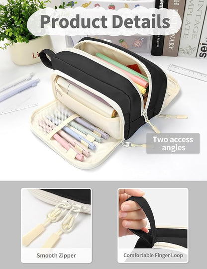 SUNEE Cute Pencil Case, Aesthetic Pen Pouch with 3 Compartments, Kawaii Colored Large Pencil Bag with Zipper, Stationery Storage and Organizer, Black School Supplies for Teen and Adult Girls